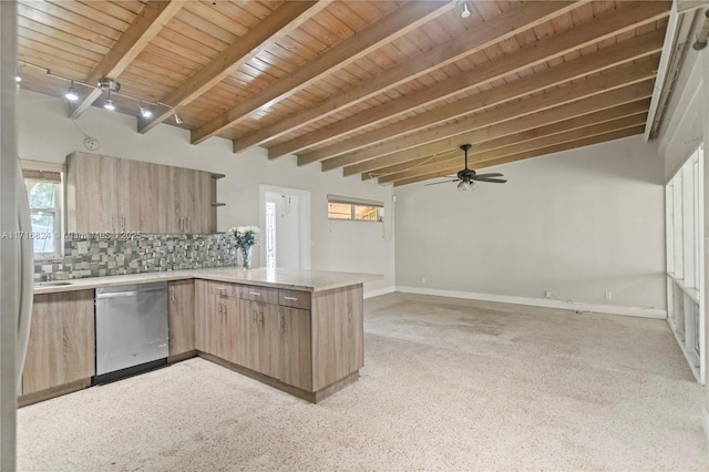 kitchen featuring kitchen peninsula, wooden ceiling, ceiling fan, tasteful backsplash, and dishwasher