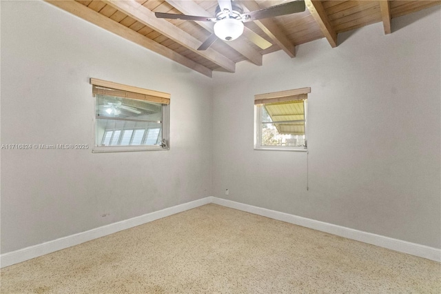 spare room featuring ceiling fan, vaulted ceiling with beams, and wooden ceiling