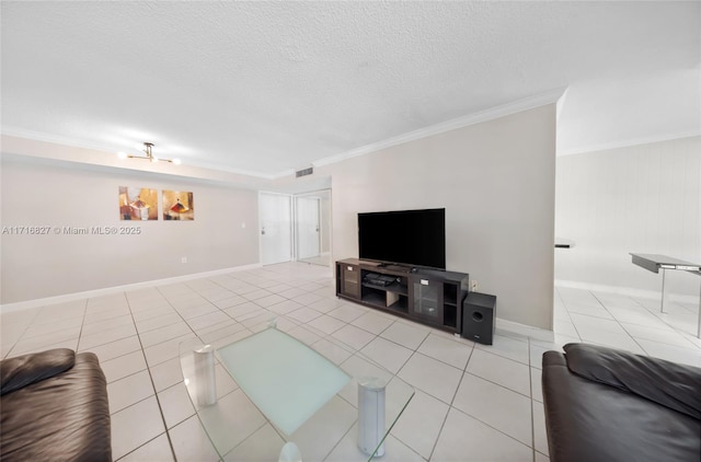 tiled living room featuring a textured ceiling and crown molding