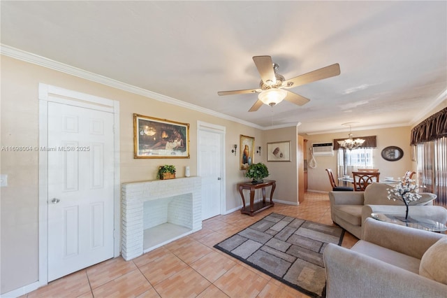 living room featuring a wall mounted air conditioner, light tile patterned floors, ceiling fan with notable chandelier, and ornamental molding