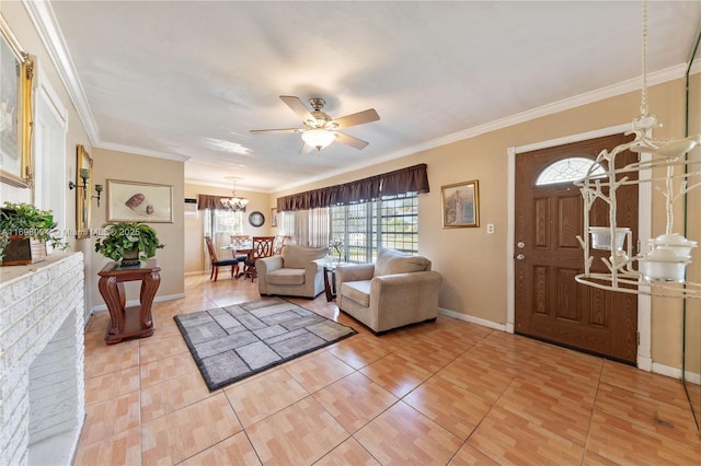 tiled living room featuring ceiling fan and ornamental molding