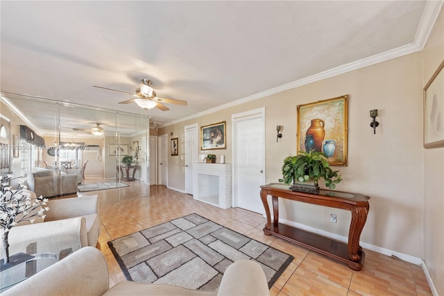 living room with ceiling fan, light tile patterned flooring, and crown molding