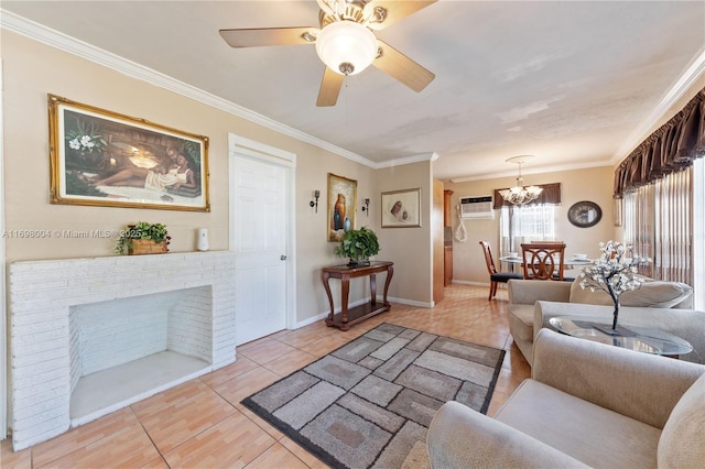 living room featuring ceiling fan with notable chandelier, light tile patterned floors, ornamental molding, and a wall mounted AC