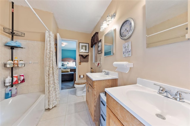 full bathroom with tile patterned flooring, shower / bath combination with curtain, toilet, and vanity