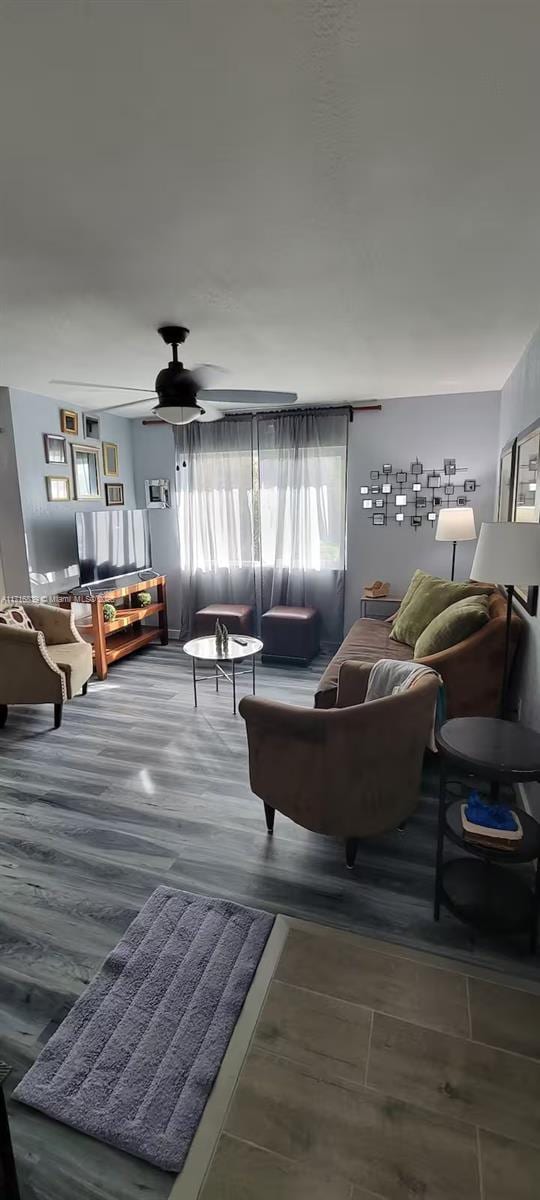 living room with ceiling fan and wood-type flooring