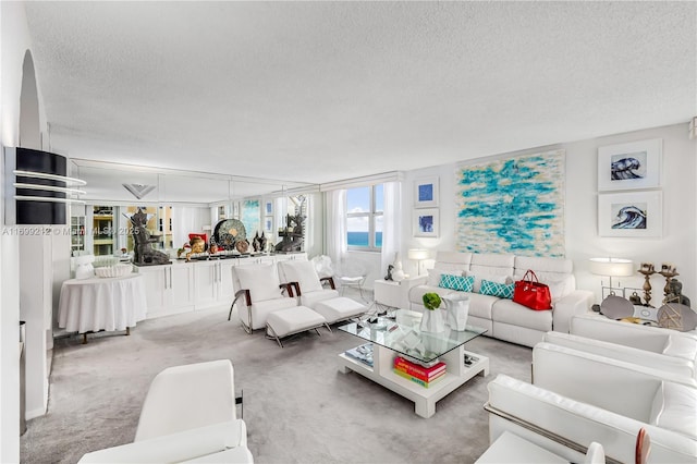 living area with light colored carpet and a textured ceiling