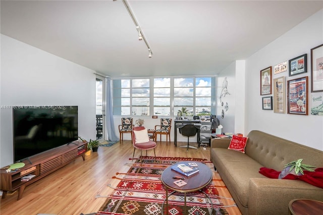 living area featuring track lighting and wood finished floors