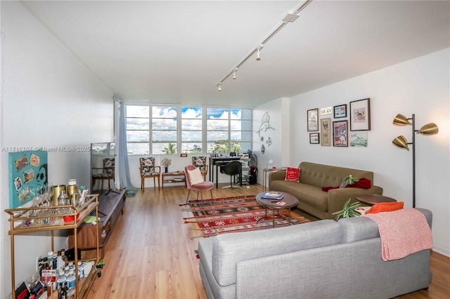 living room featuring wood finished floors and rail lighting