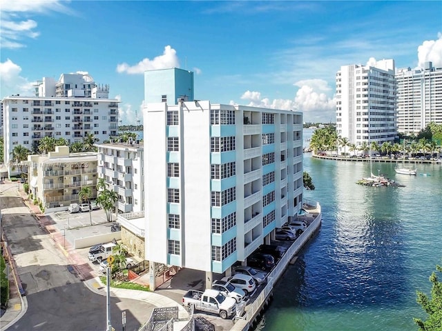 view of building exterior featuring a water view