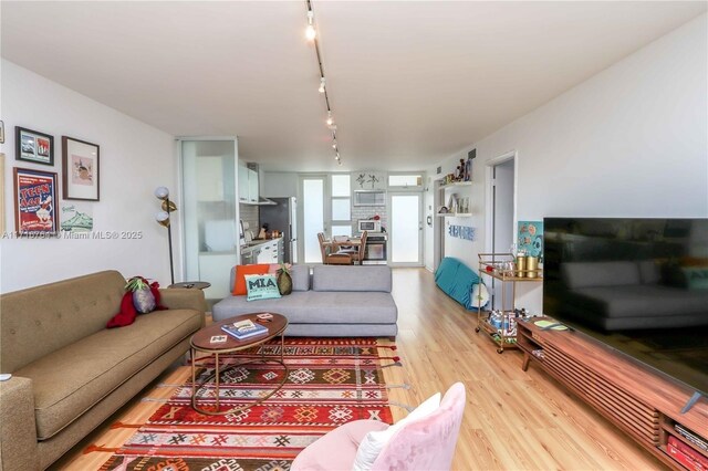 living room with rail lighting and light hardwood / wood-style floors