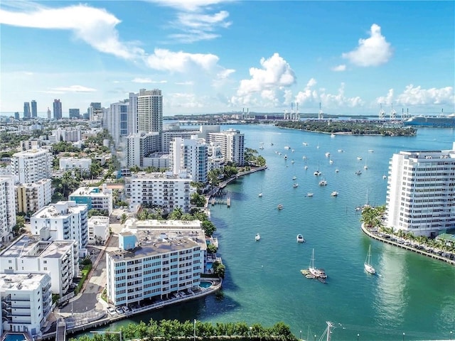 bird's eye view with a view of city and a water view