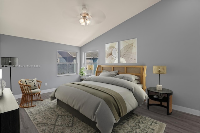 bedroom featuring lofted ceiling and dark hardwood / wood-style flooring