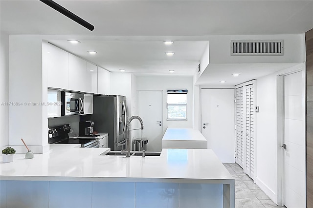 kitchen featuring kitchen peninsula, white cabinetry, sink, and appliances with stainless steel finishes