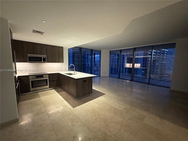 kitchen with floor to ceiling windows, sink, dark brown cabinets, appliances with stainless steel finishes, and kitchen peninsula