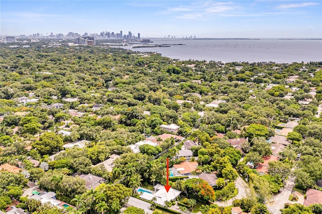 drone / aerial view featuring a water view