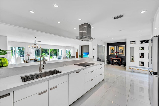 kitchen with white appliances, sink, range hood, white cabinetry, and light tile patterned flooring