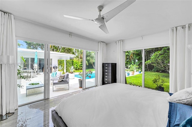 bedroom featuring access to exterior and ceiling fan