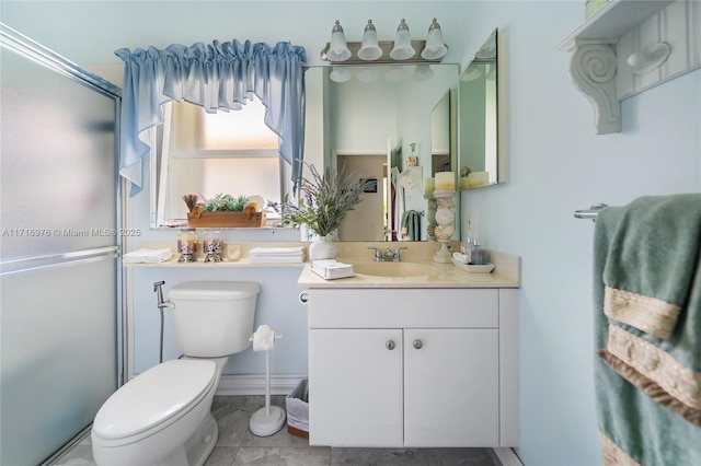 full bath featuring an enclosed shower, toilet, and vanity