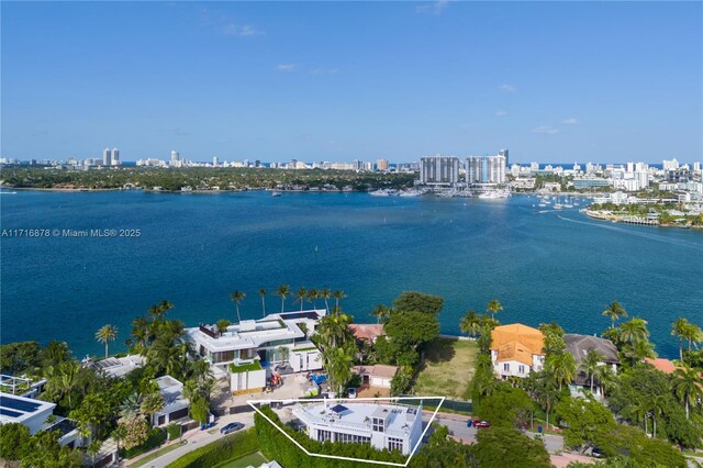 bird's eye view with a water view