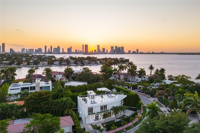 aerial view at dusk with a water view