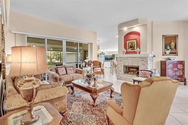 tiled living room featuring a fireplace