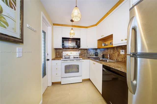 kitchen featuring sink, white cabinetry, backsplash, black appliances, and decorative light fixtures