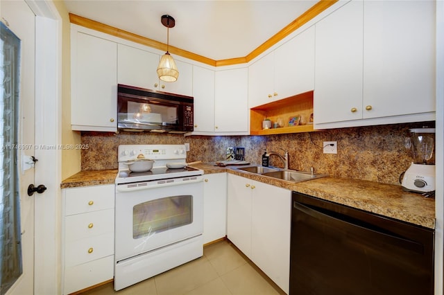 kitchen featuring sink, white cabinetry, black appliances, decorative backsplash, and decorative light fixtures