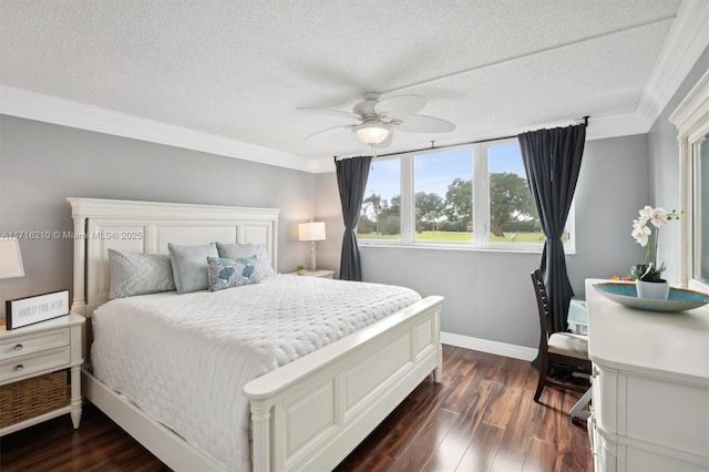 bedroom with ornamental molding, a textured ceiling, ceiling fan, and dark hardwood / wood-style flooring