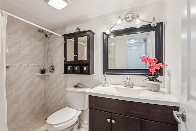 bathroom with walk in shower, crown molding, vanity, and toilet