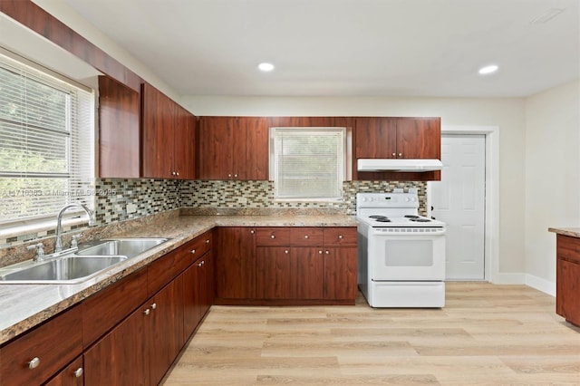 kitchen featuring sink, tasteful backsplash, light hardwood / wood-style flooring, and electric stove