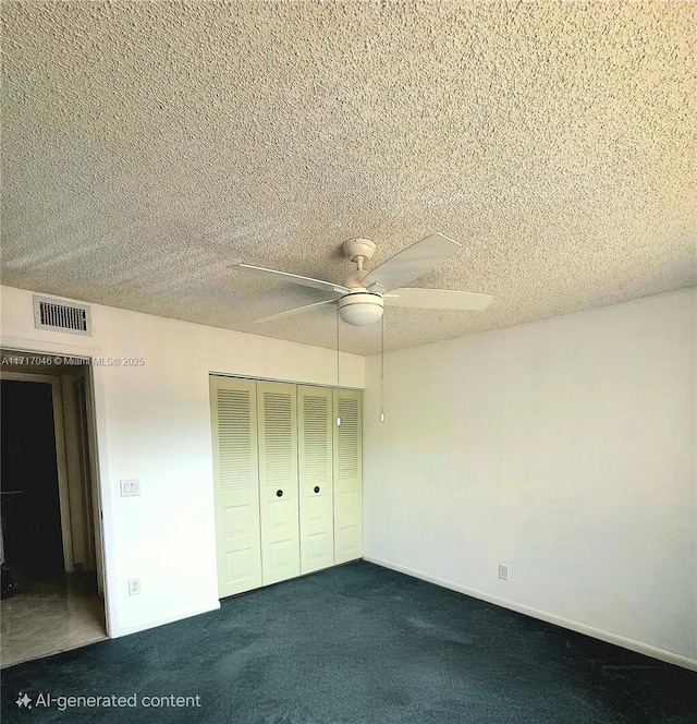 2606 NW 104th Ave Unit 202, Sunrise, FL 33322 - unfurnished bedroom featuring a closet, a textured ceiling, dark carpet, and ceiling fan