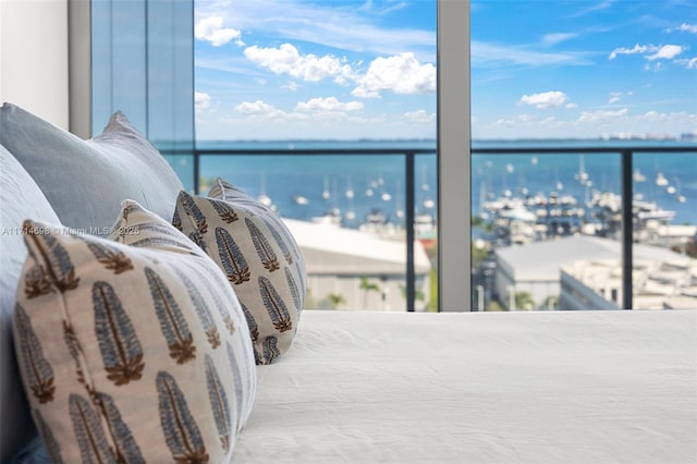 bedroom featuring a water view