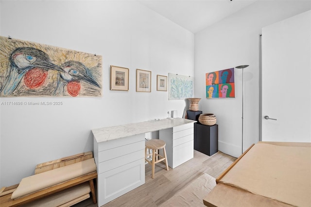 office area with light hardwood / wood-style flooring