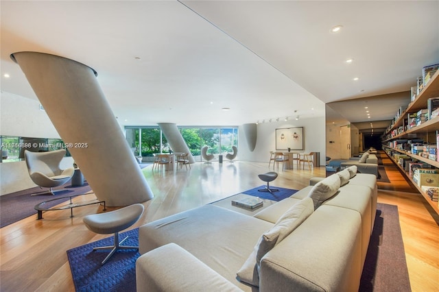 living room featuring light wood-type flooring and a wall of windows