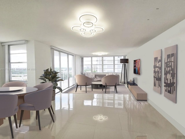 tiled dining room featuring floor to ceiling windows