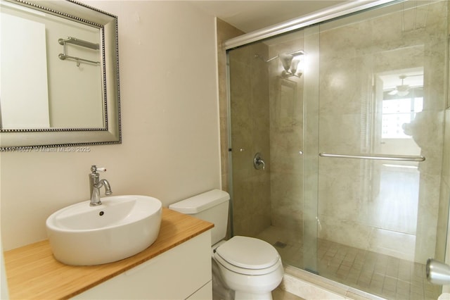 bathroom featuring a shower with door, vanity, and toilet