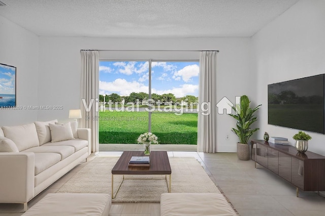 living room with a textured ceiling