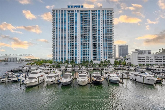 exterior space featuring a dock and a city view