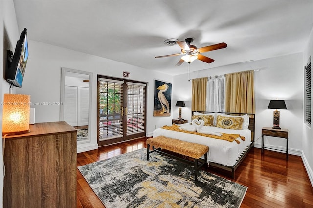 bedroom featuring access to exterior, a closet, ceiling fan, and dark wood-type flooring