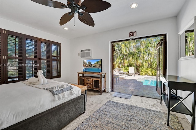 bedroom with a wall unit AC, access to exterior, and ceiling fan