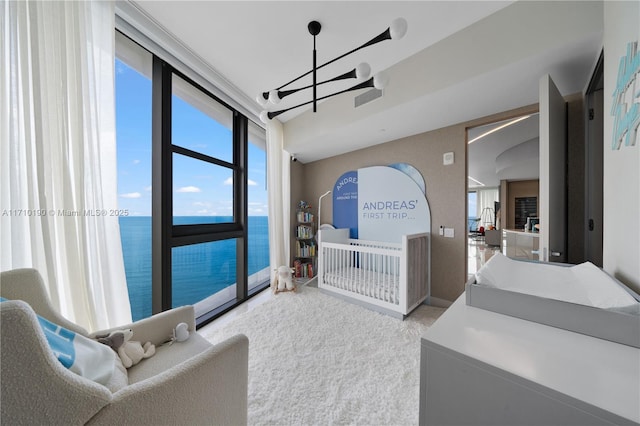 bedroom featuring a water view, a crib, and an inviting chandelier