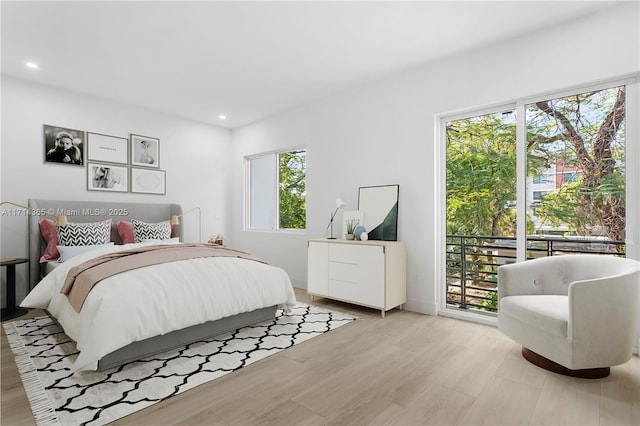 bedroom featuring multiple windows, light hardwood / wood-style flooring, and access to exterior