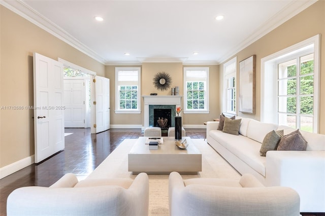 living area with ornamental molding, a high end fireplace, and baseboards