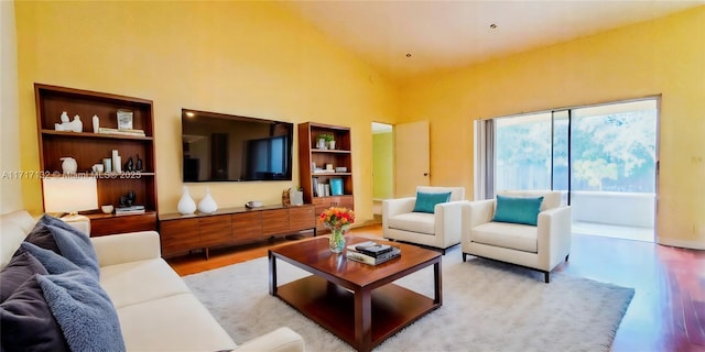 living room featuring light hardwood / wood-style floors and high vaulted ceiling