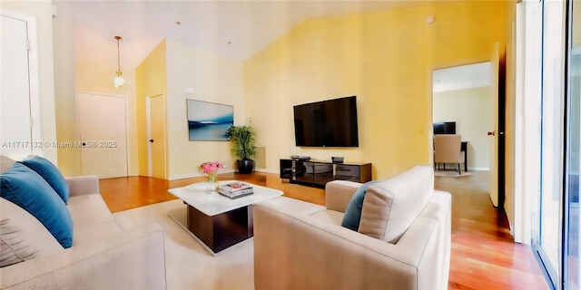 living room with light hardwood / wood-style flooring and a high ceiling