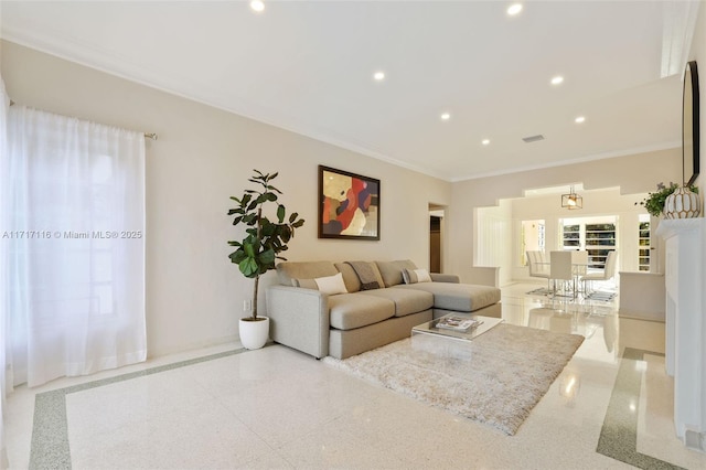 living area with crown molding, recessed lighting, visible vents, and baseboards