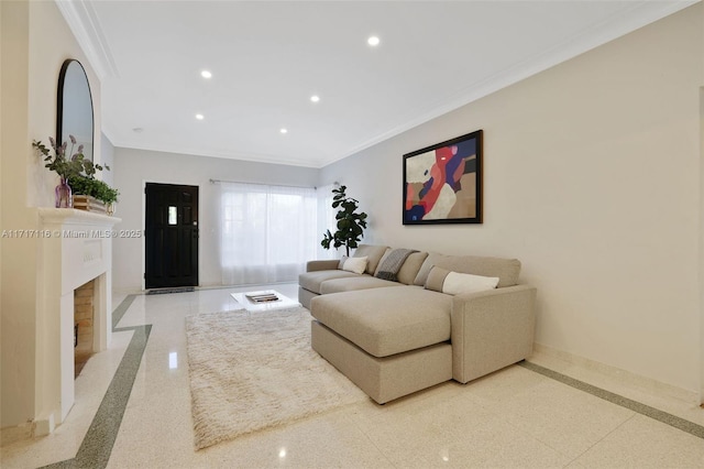 living area featuring ornamental molding, recessed lighting, and baseboards