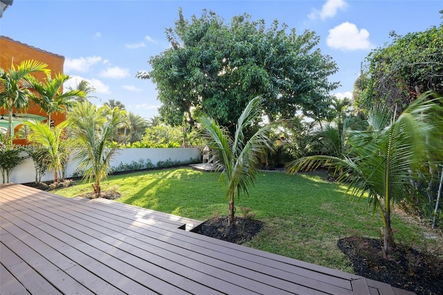 wooden deck featuring fence and a yard