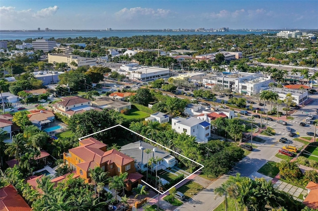 drone / aerial view featuring a water view