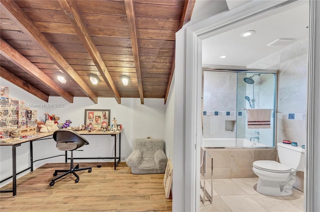 office with built in desk, beamed ceiling, and wooden ceiling